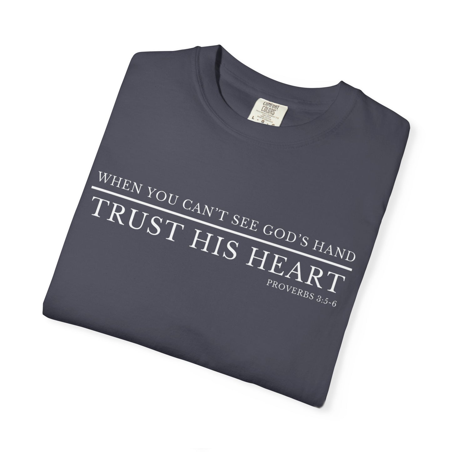 "Trust His Heart" Proverbs 3:5 Navy T-Shirt – Christian Scripture Tee with Front and Back Print