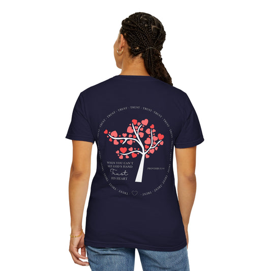"Trust His Heart" Proverbs 3:5 Navy T-Shirt – Christian Scripture Tee with Front and Back Print