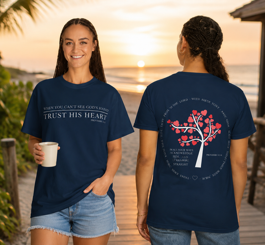"Trust His Heart" Proverbs 3:5 Navy T-Shirt – Christian Scripture Tee with Front and Back Print