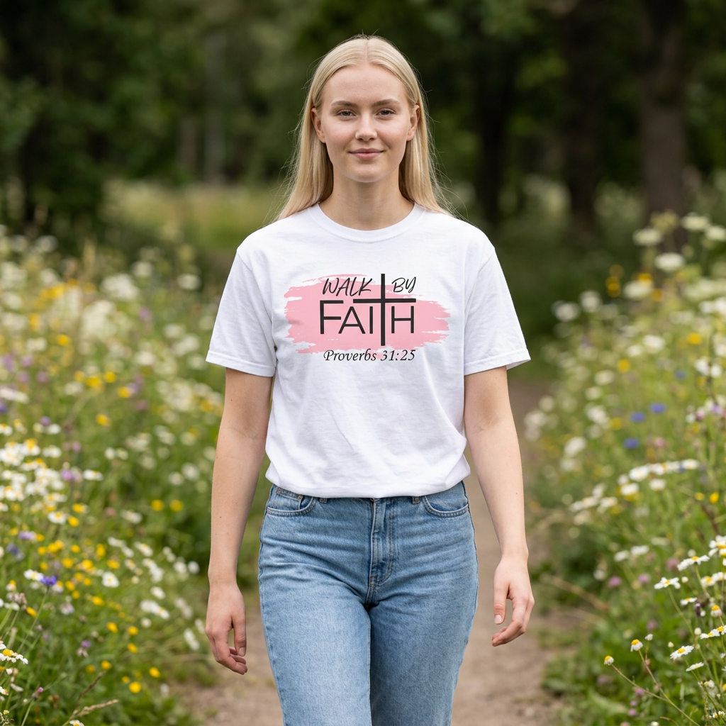Walk By Faith Christian T-Shirt | Proverbs 31:25 Faith Shirt for Women | Inspirational Bible Verse Tee