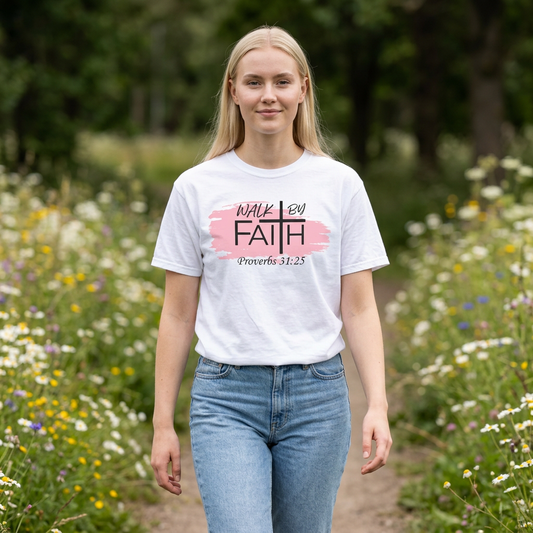 Walk By Faith Christian T-Shirt | Proverbs 31:25 Faith Shirt for Women | Inspirational Bible Verse Tee