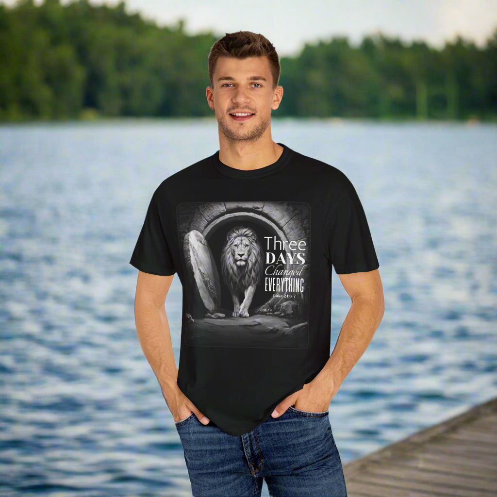 Three Days Changed Everything Christian T-Shirt – Bold Lion of Judah Resurrection Design
