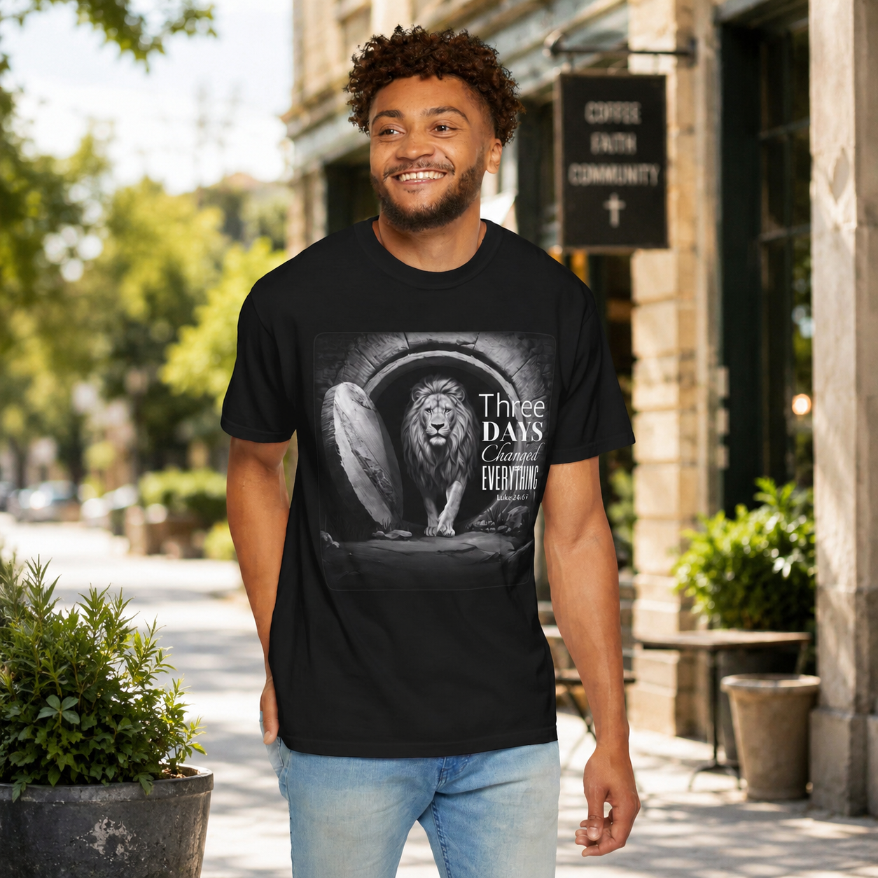 "Three Days Changed Everything" Lion and Empty Tomb T-Shirt – Luke 24:6 Christian Easter Tee